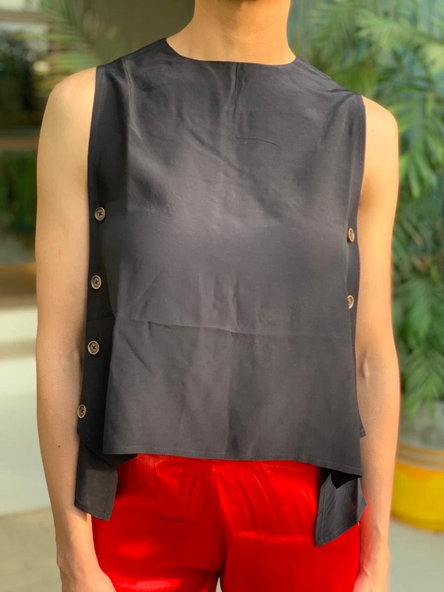 Black Crepe Top with Side Buttons - Deen & Keenu