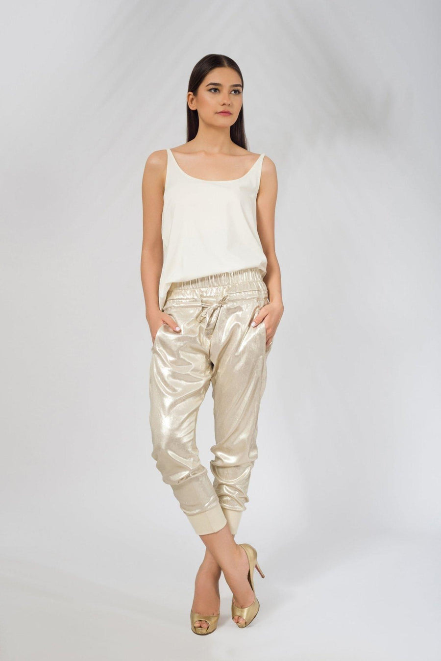 Drawstring Pant in Wrinkled Gold Lame - Deen & Keenu