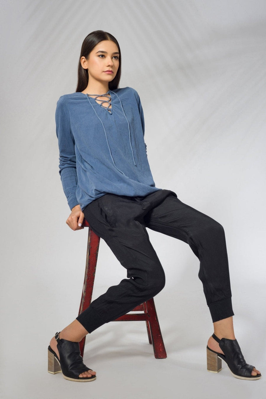 Indigo Long Sleeve Top with Corded Neckline - Deen & Keenu