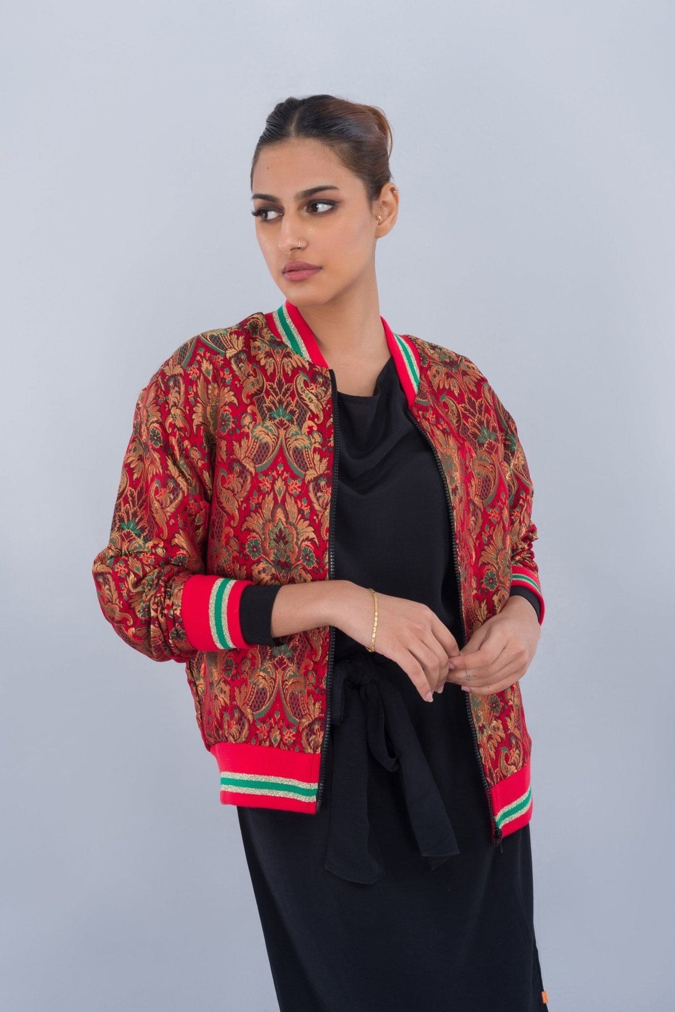 Red Banarasi Bomber Jacket - Deen & Keenu